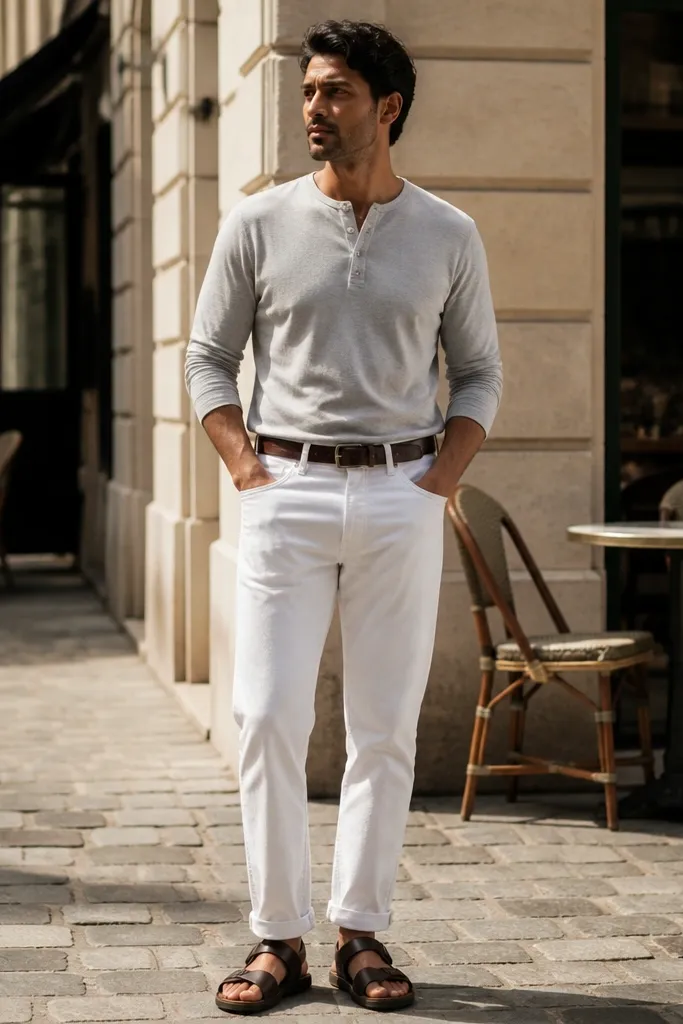 Light gray henley with white denim jeans and dark brown sandals