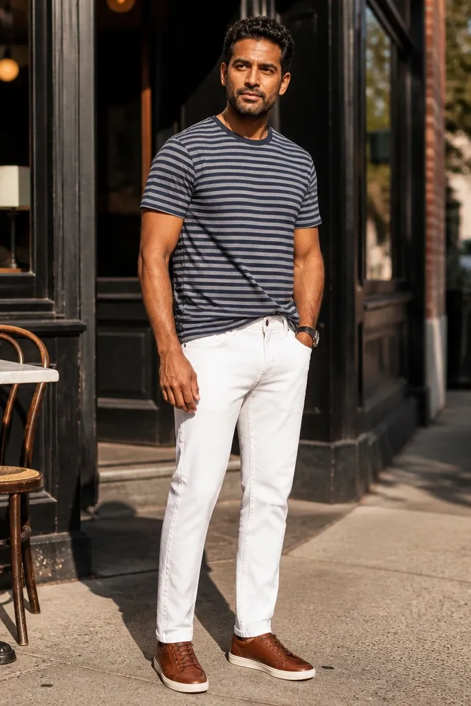 Navy and white striped tee with white denim and cognac sneakers