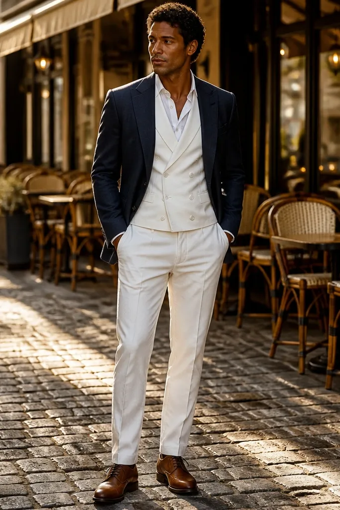 Navy blazer with white denim jeans and a white waistcoat layer