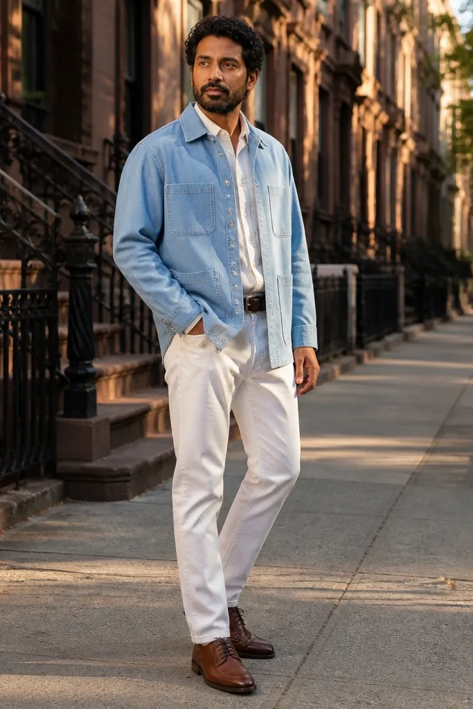 Light blue denim overshirt with white jeans and brown shoes