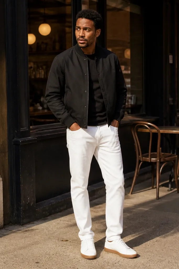 Black bomber jacket with white denim jeans and low-top sneakers