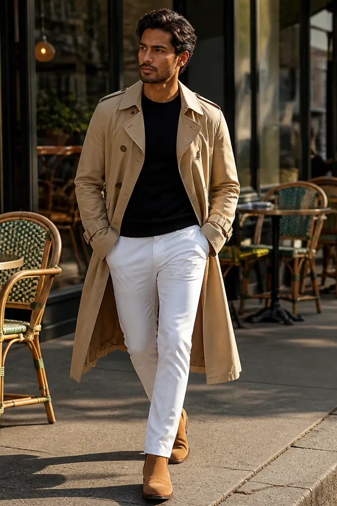 Tan trench coat over a black tee with white denim jeans