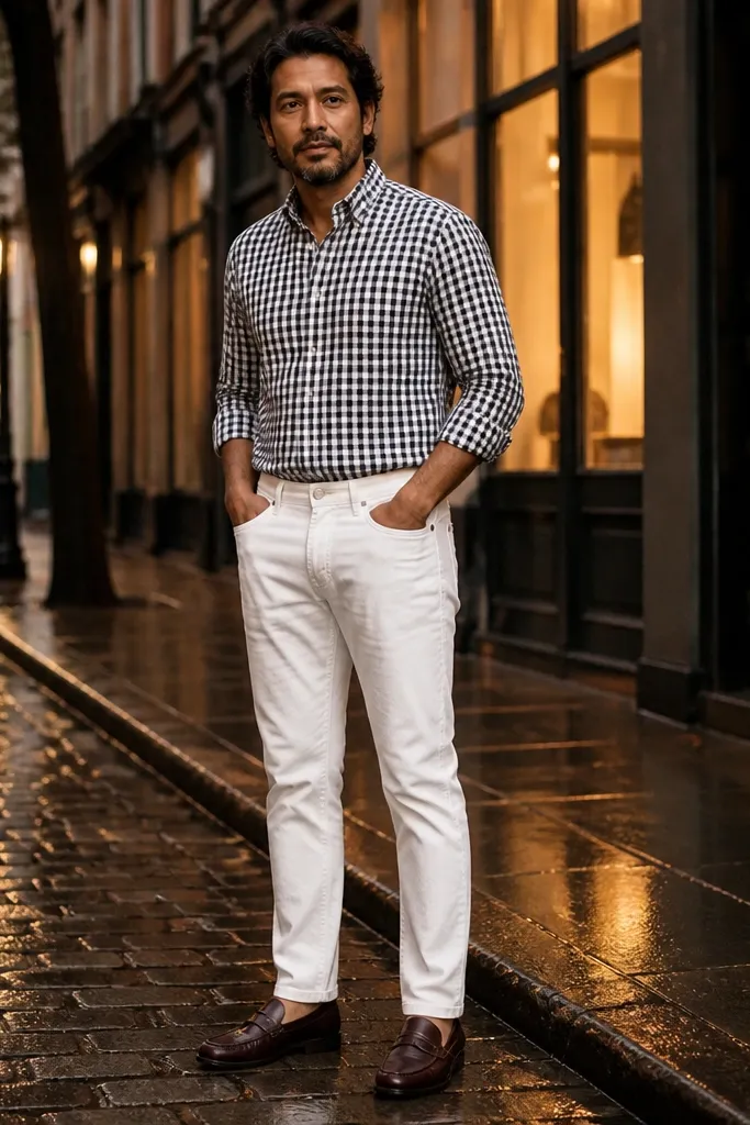 Black-and-white check shirt with white denim jeans and dark loafers
