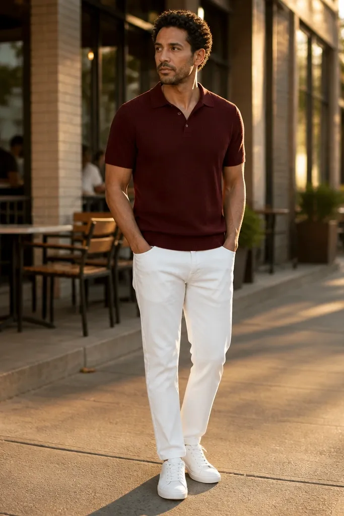 Burgundy knit polo with white denim jeans and white leather sneakers