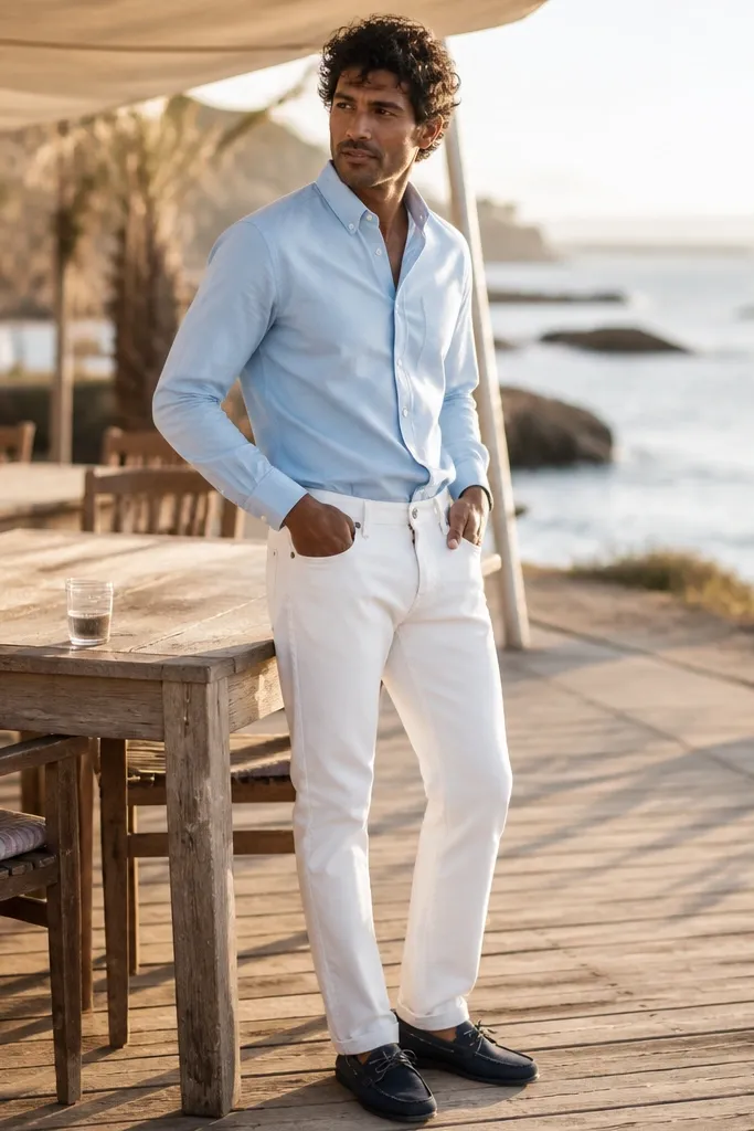 Powder blue button-down with white denim jeans and navy boat shoes
