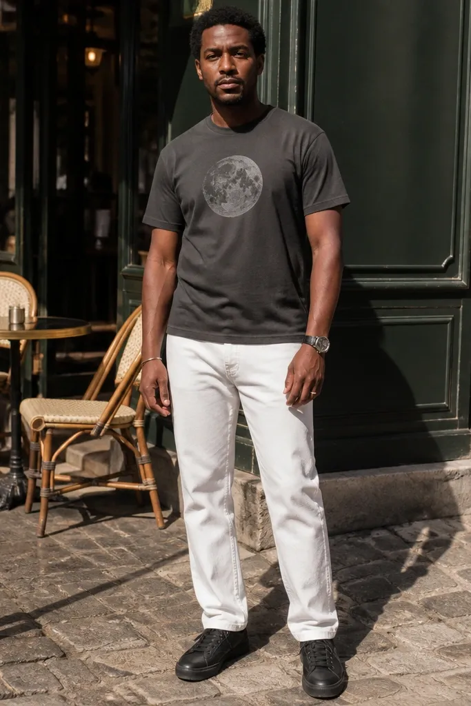 Charcoal graphic tee with white denim jeans and black sneakers
