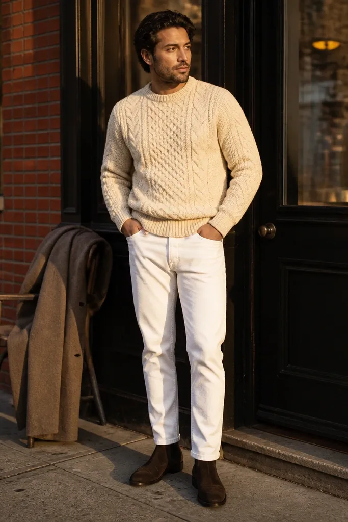 Cream cable-knit sweater with white denim jeans and dark brown Chelsea boots