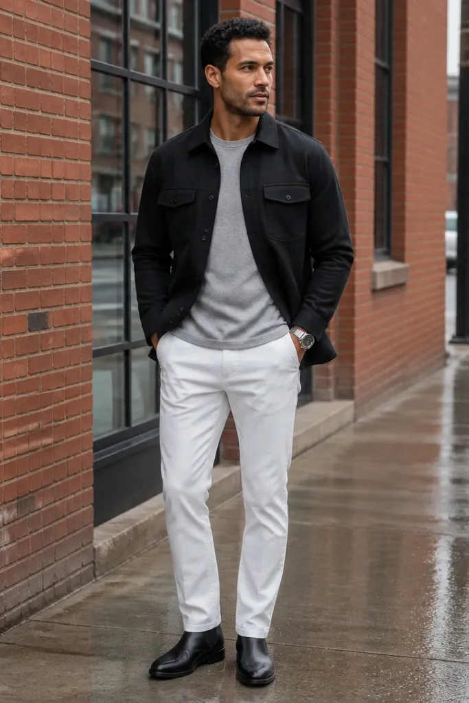 Black overshirt over a gray tee with white denim jeans