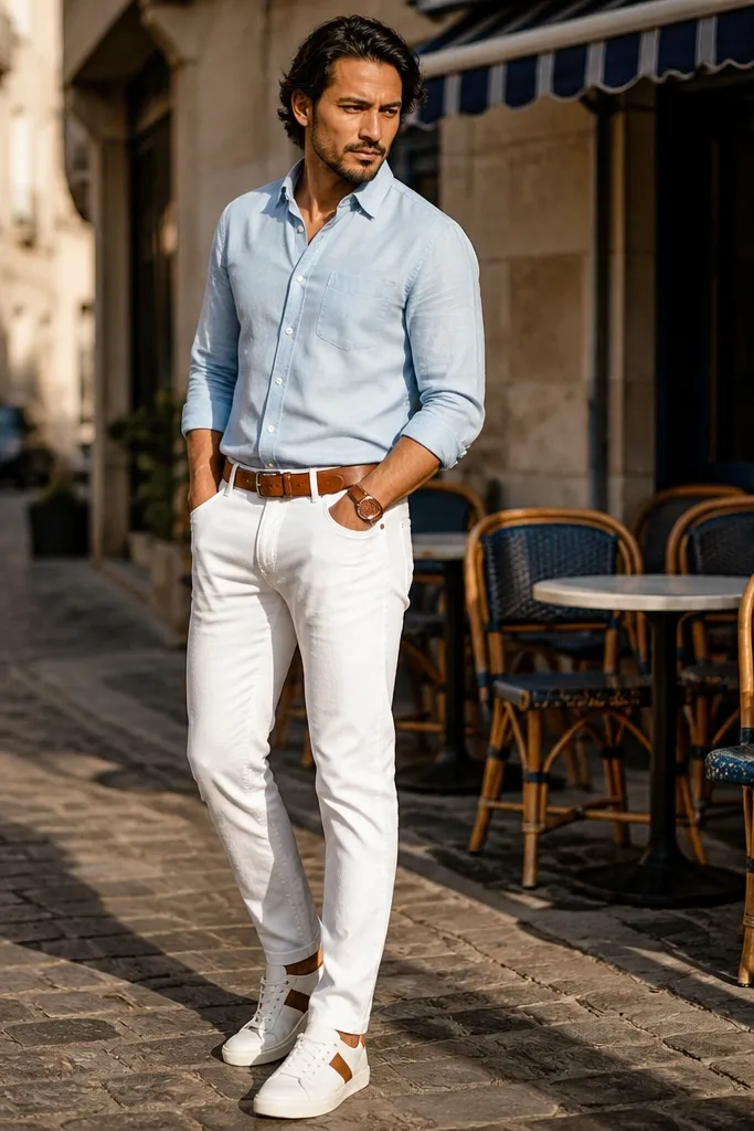 Light blue chambray shirt with white denim jeans and cognac accessories