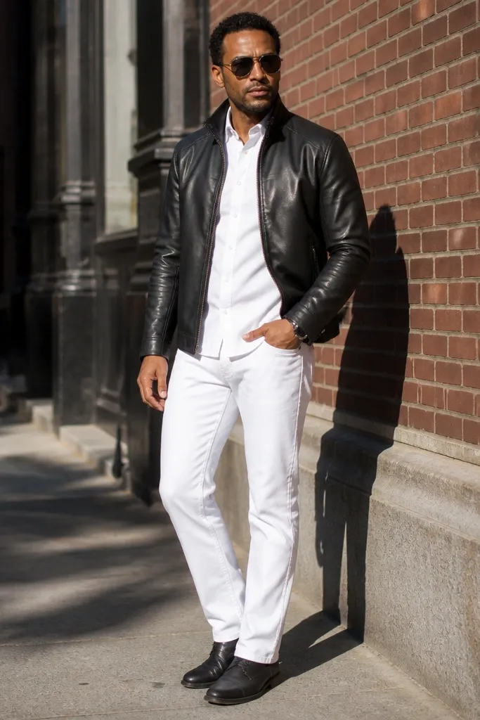 Black leather jacket with white denim jeans and dark-toned accessories