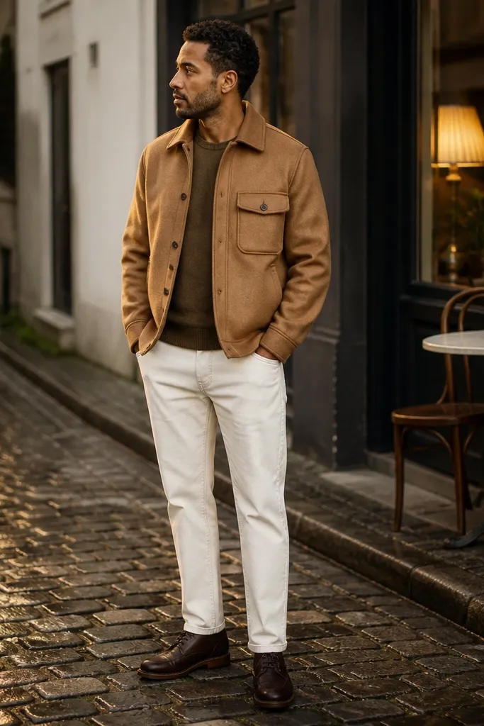 Camel overshirt with white denim jeans and dark brown derby shoes