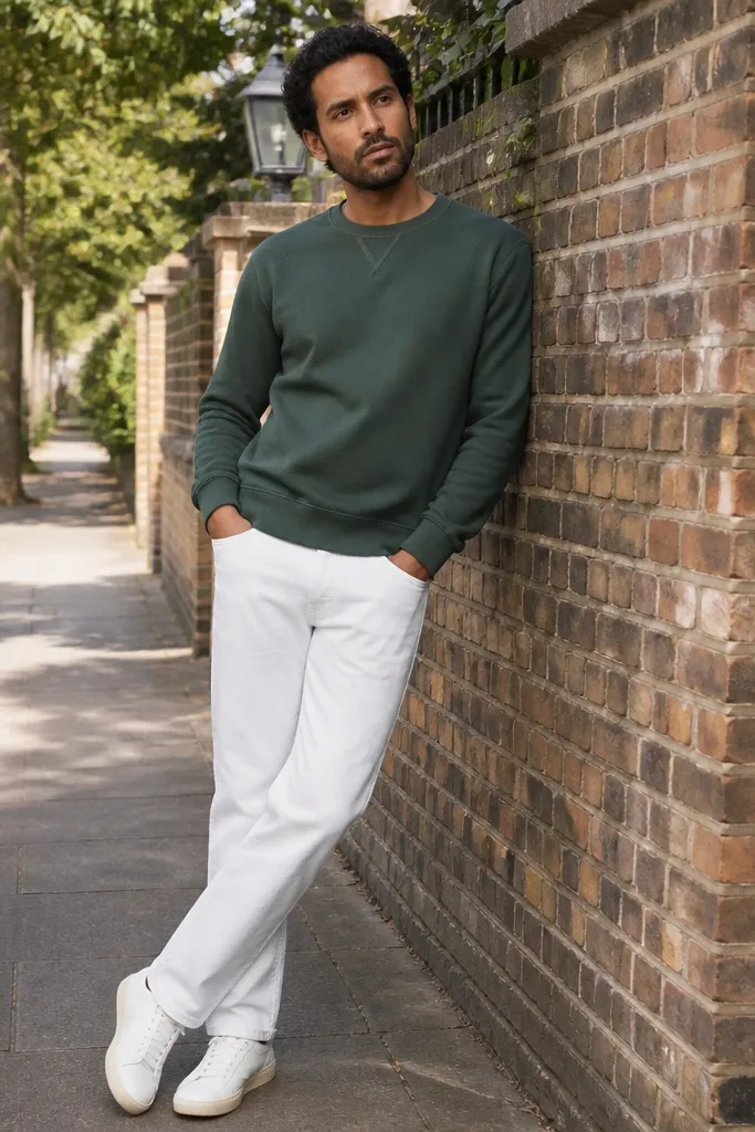 Forest green sweatshirt with white denim jeans and white sneakers