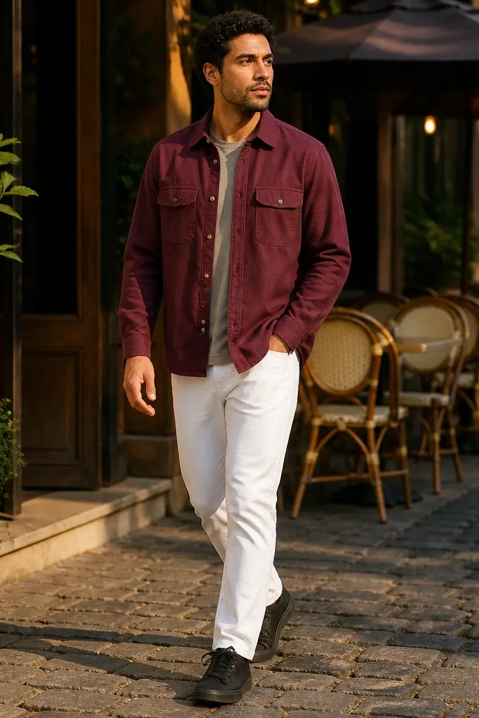 Burgundy overshirt with white denim jeans and black sneakers