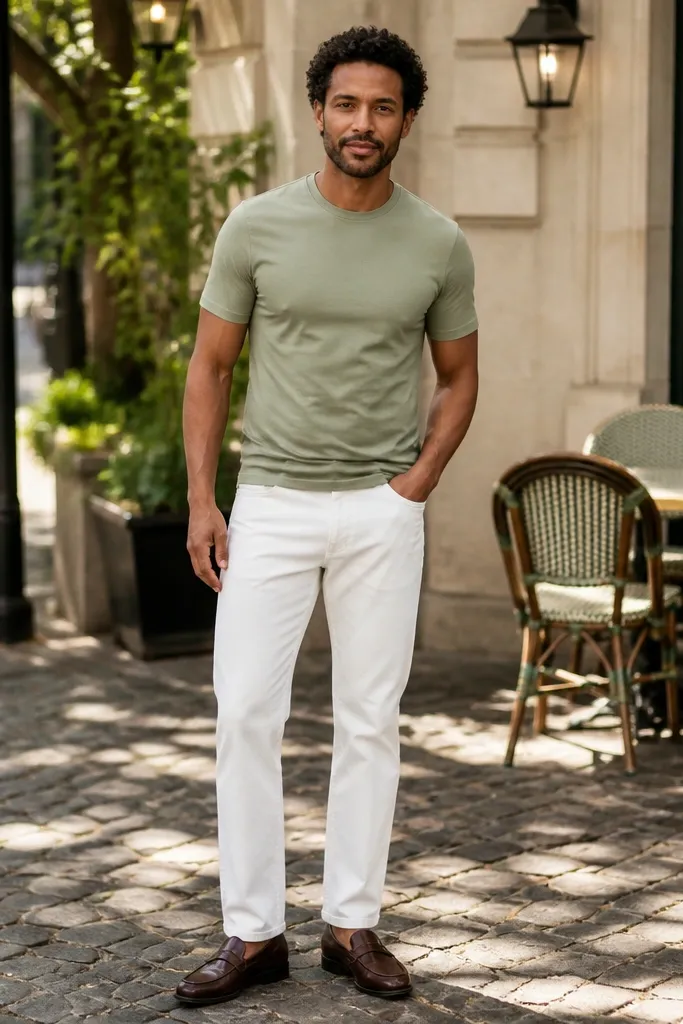 Light sage t-shirt with white denim jeans and dark brown leather loafers