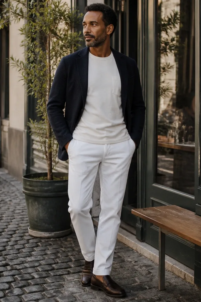 Navy knit blazer with white denim jeans and a simple white pocket tee
