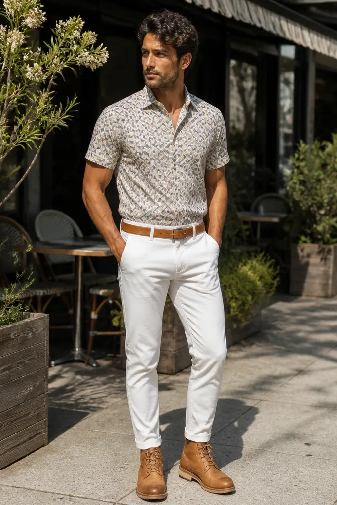 Short-sleeve printed shirt with small pattern, white denim, tan boots