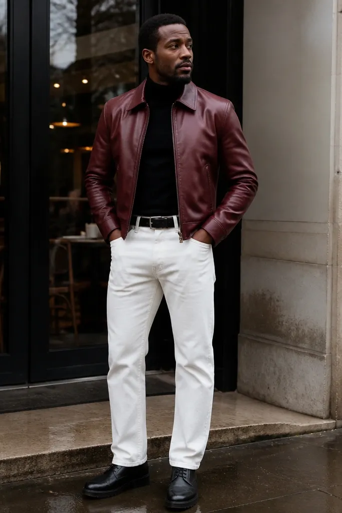 Black turtleneck under a red leather jacket with white tapered denim and black boots.