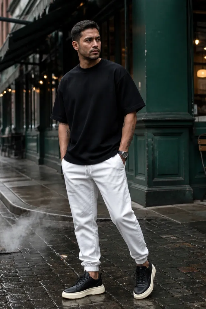 Black oversized T-shirt with white joggers and chunky white sneakers