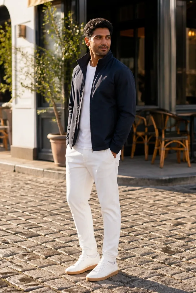Navy windbreaker over white joggers with white court sneakers