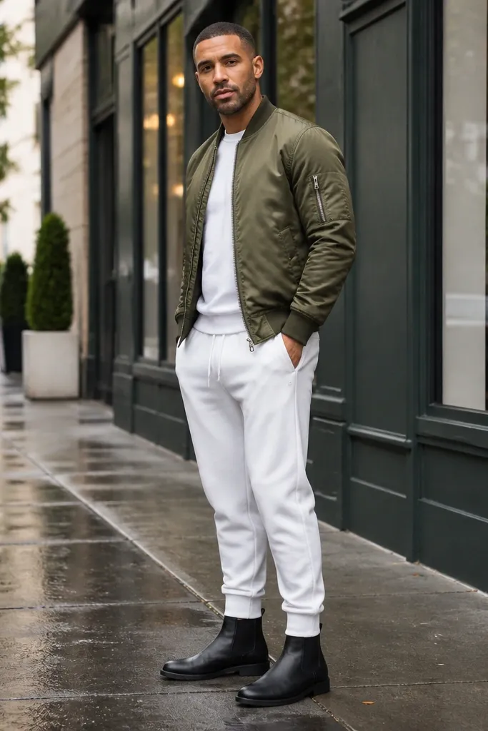 Olive bomber jacket with white joggers and black Chelsea boots