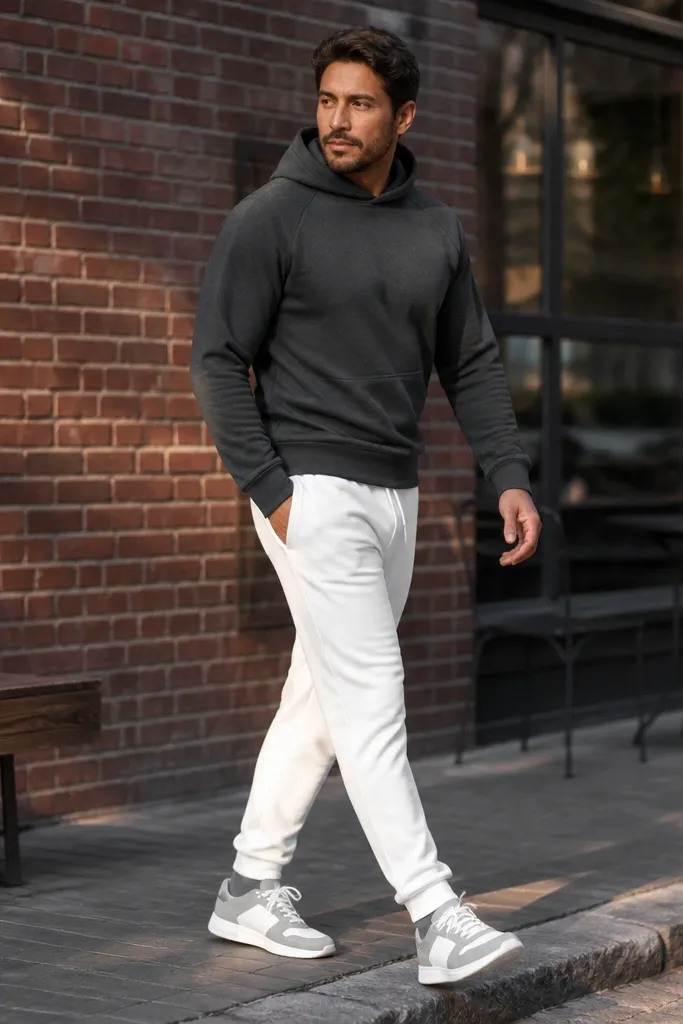 Charcoal hoodie with white joggers and white-and-grey trainers