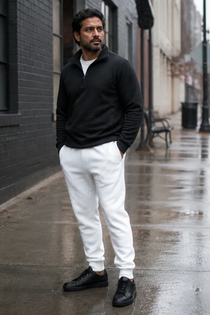 White joggers with a black quarter-zip and black sneakers