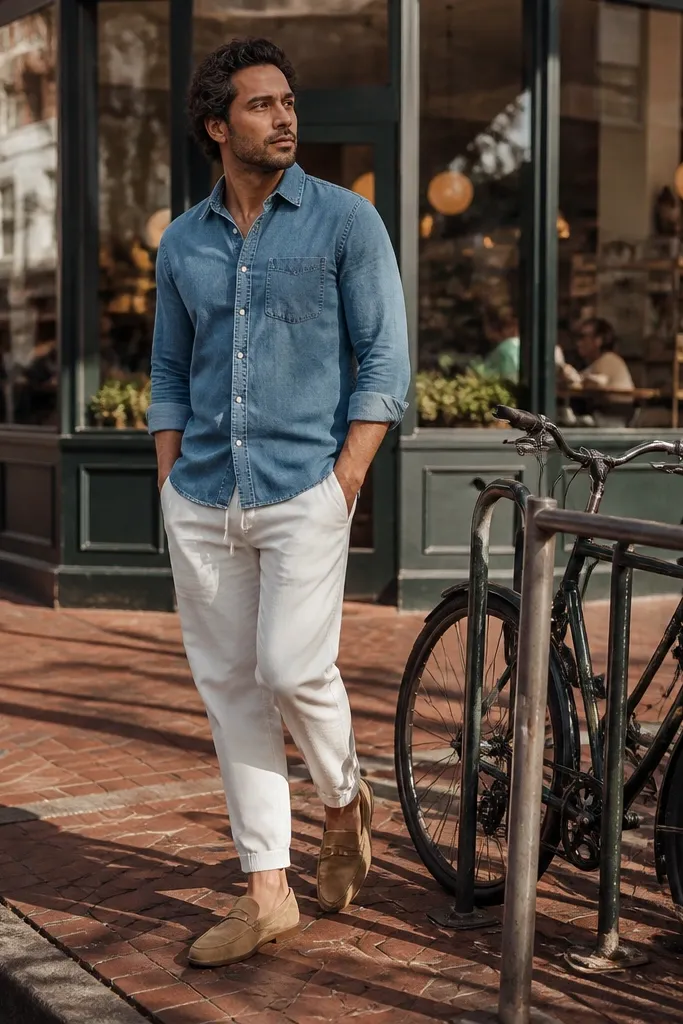 Light blue denim shirt, white joggers, and tan suede loafers