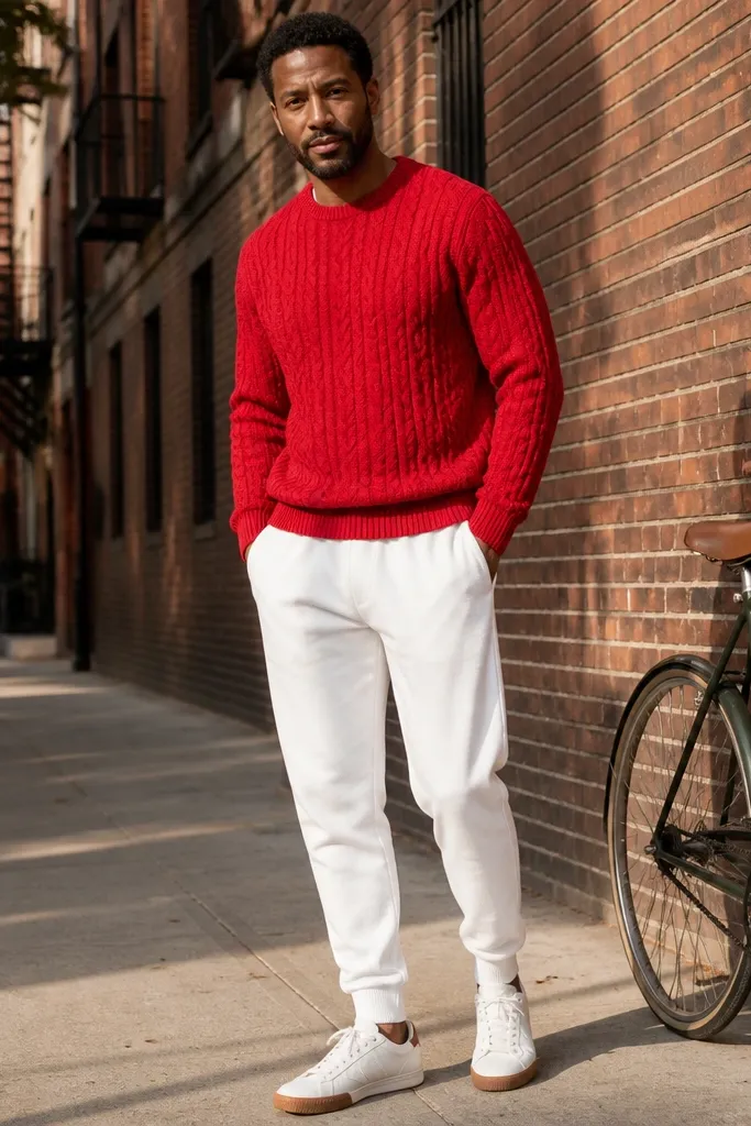 Red cable-knit sweater with white joggers and white sneakers