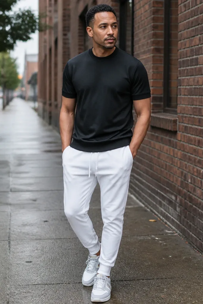 Black bomber-style tee with white joggers and silver-trim sneakers