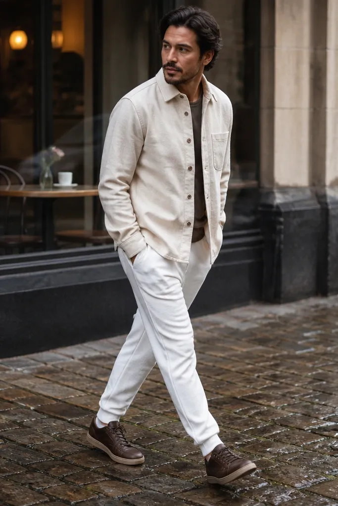 Cream overshirt with white joggers and dark brown leather sneakers