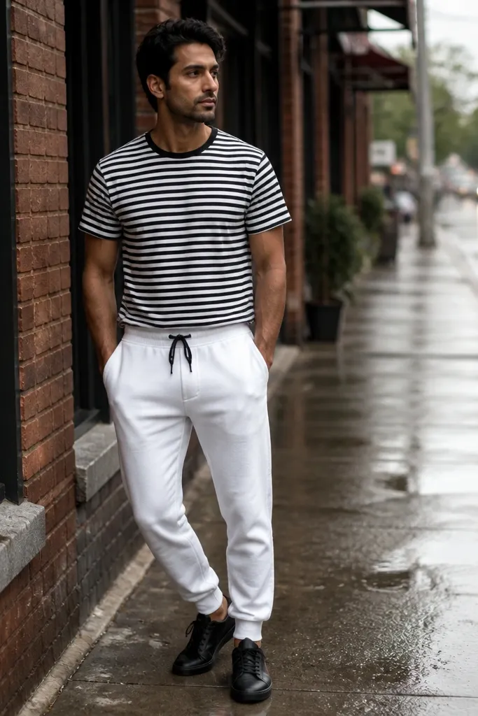 Black-and-white striped tee with white joggers and black low-top sneakers