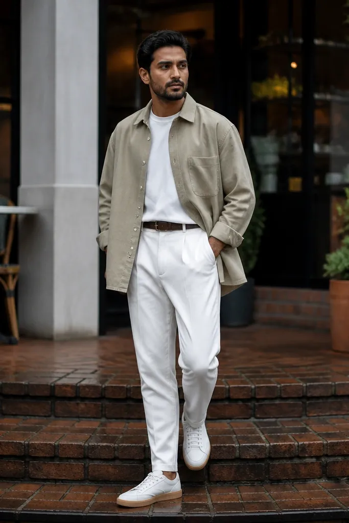 Khaki oversized shirt over white joggers with white sneakers and a dark belt