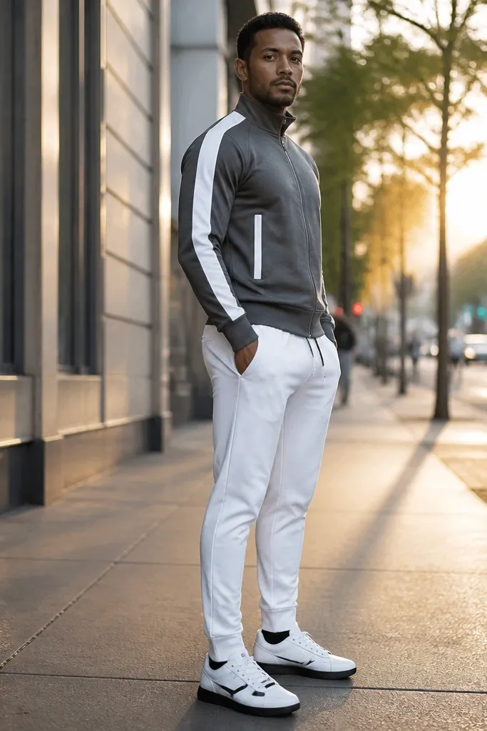 Grey track jacket with white joggers and white-and-black trainers