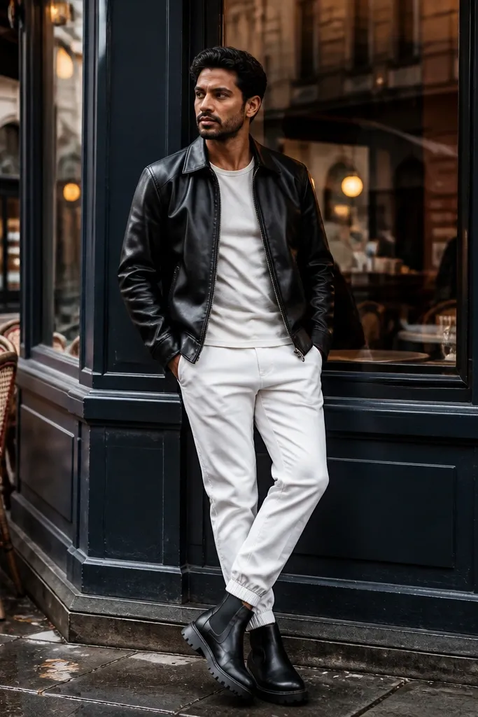 Black leather jacket over white tee with white joggers and black boots
