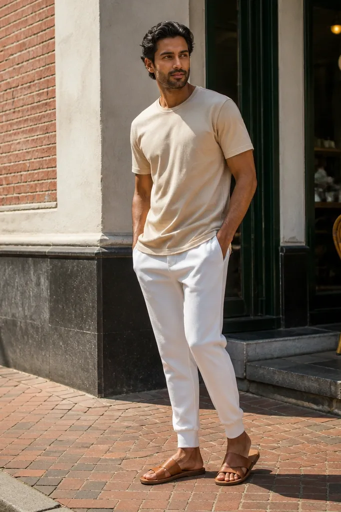 Nude t-shirt with white joggers and tan slides or sandals