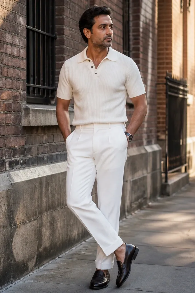 Cream knit polo with white straight pants and black loafers