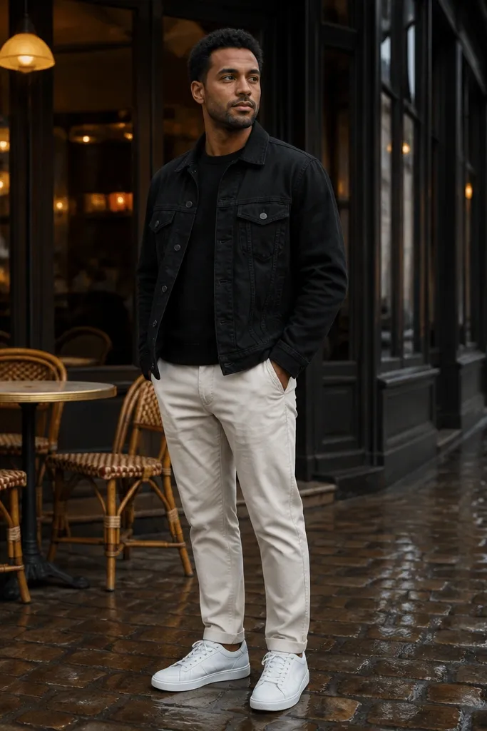 White chinos with a black denim jacket and white sneakers