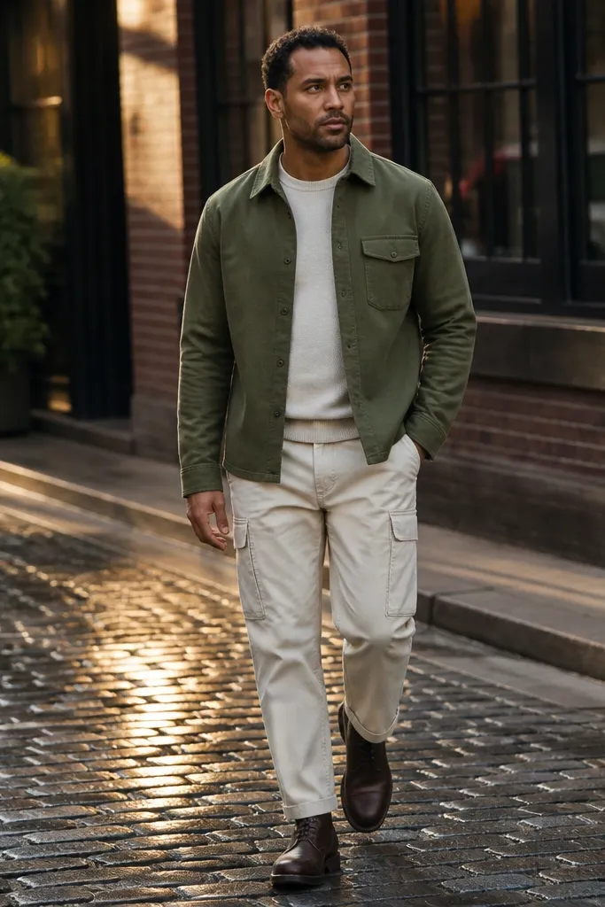 Olive overshirt with off-white cargo pants and brown boots