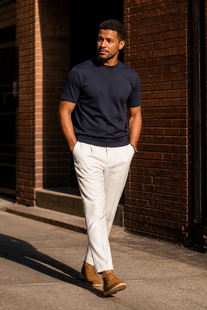 Navy t-shirt with white pants and tan chukka boots
