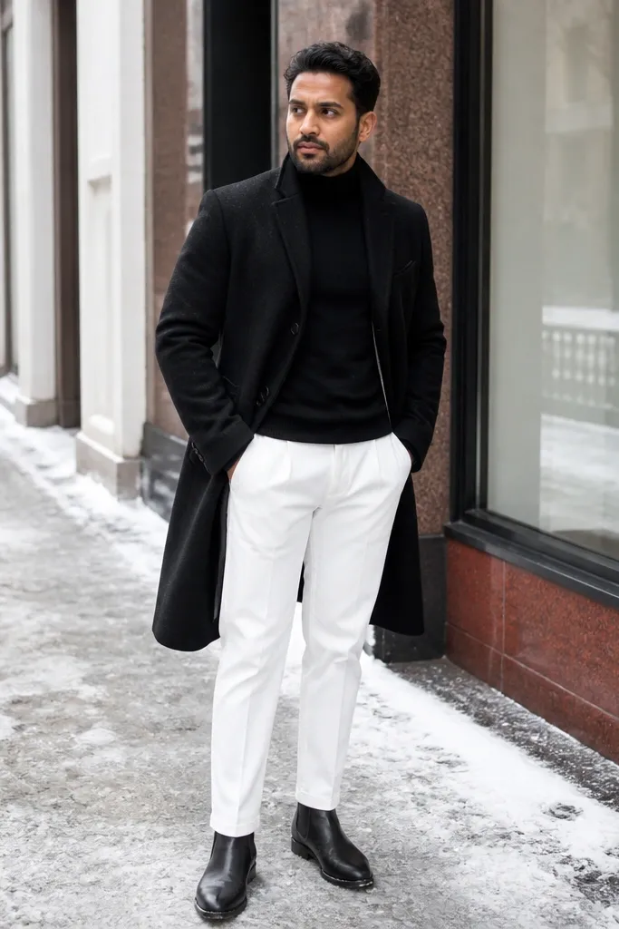 White pants with black turtleneck and a long dark overcoat