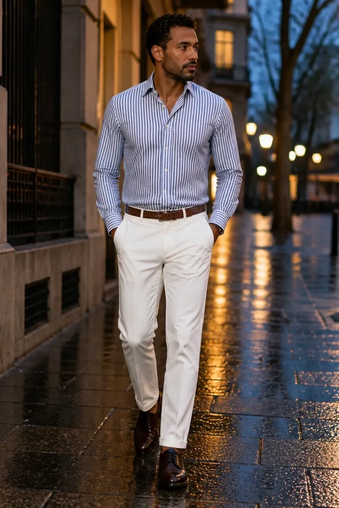 Blue striped button-down with white pants and brown leather belt