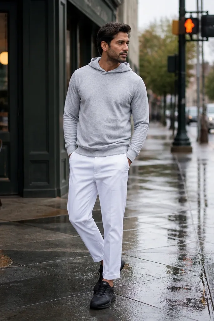 Light gray hoodie with white pants and black running shoes