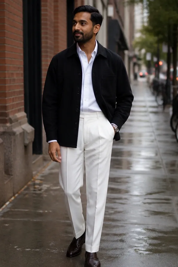 Black overshirt with white pleated trousers and dark leather shoes