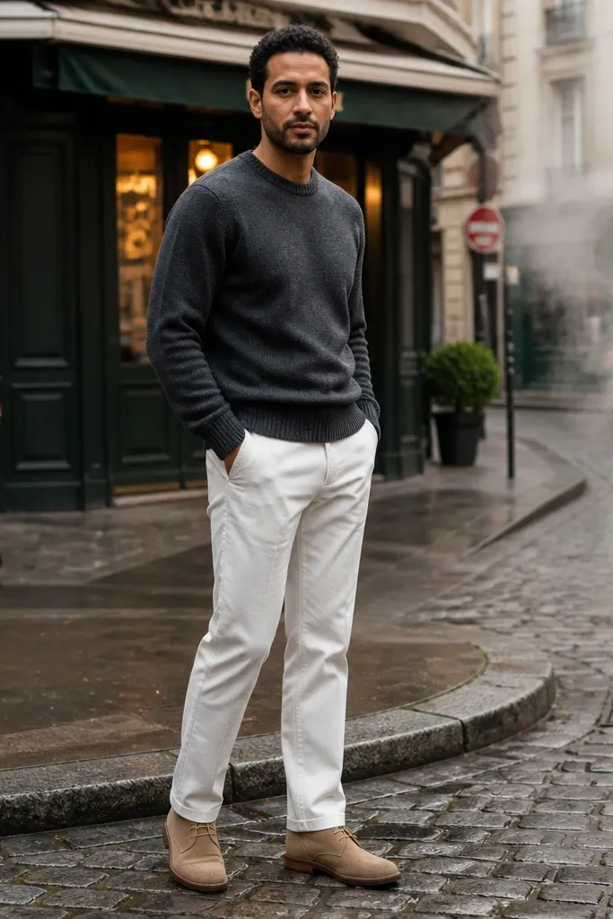Charcoal sweater with white pants and suede desert boots