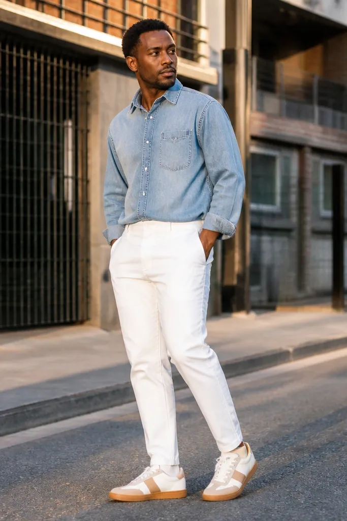 Light denim shirt with white pants and sneakers in white with tan accents