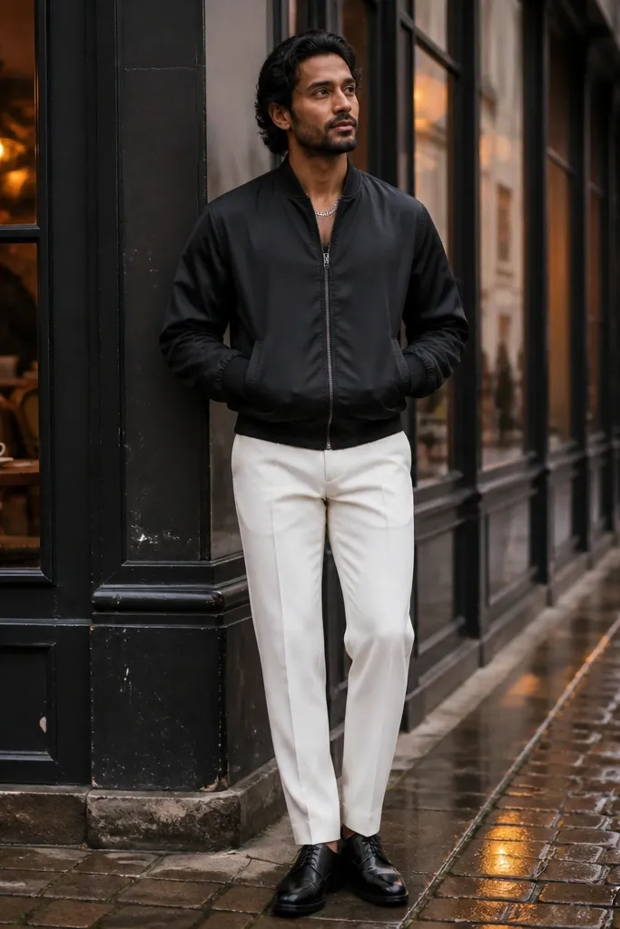 Black bomber jacket with white pants and silver chain