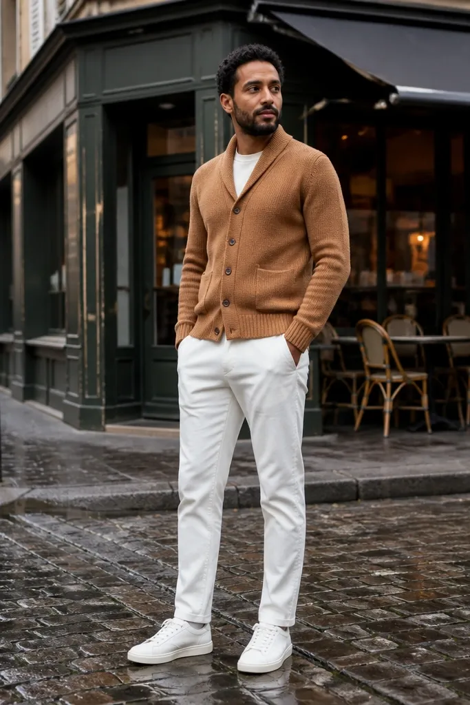 Tan knit cardigan with white pants and white sneakers
