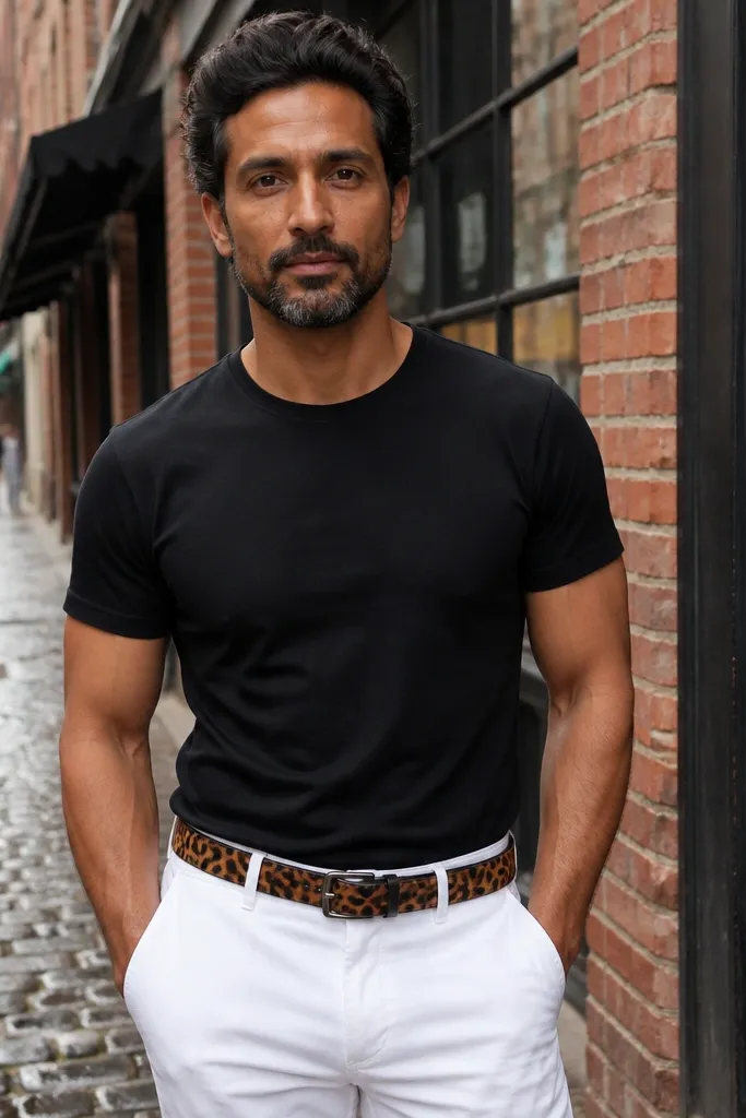 Black t-shirt with white pants and a leopard print belt