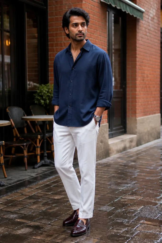 Navy oversized shirt with white pants and burgundy loafers