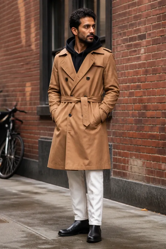 Black hoodie under a tan trench coat with white pants